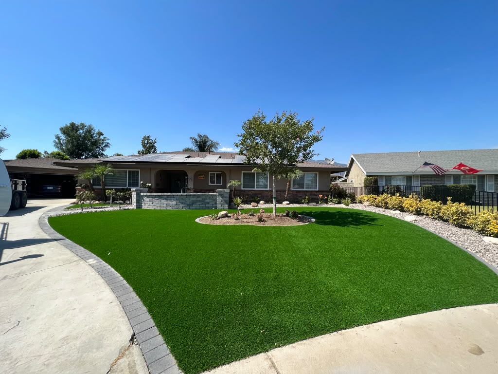 Completed Rancho Cucamonga front yard with artificial turf and pavers